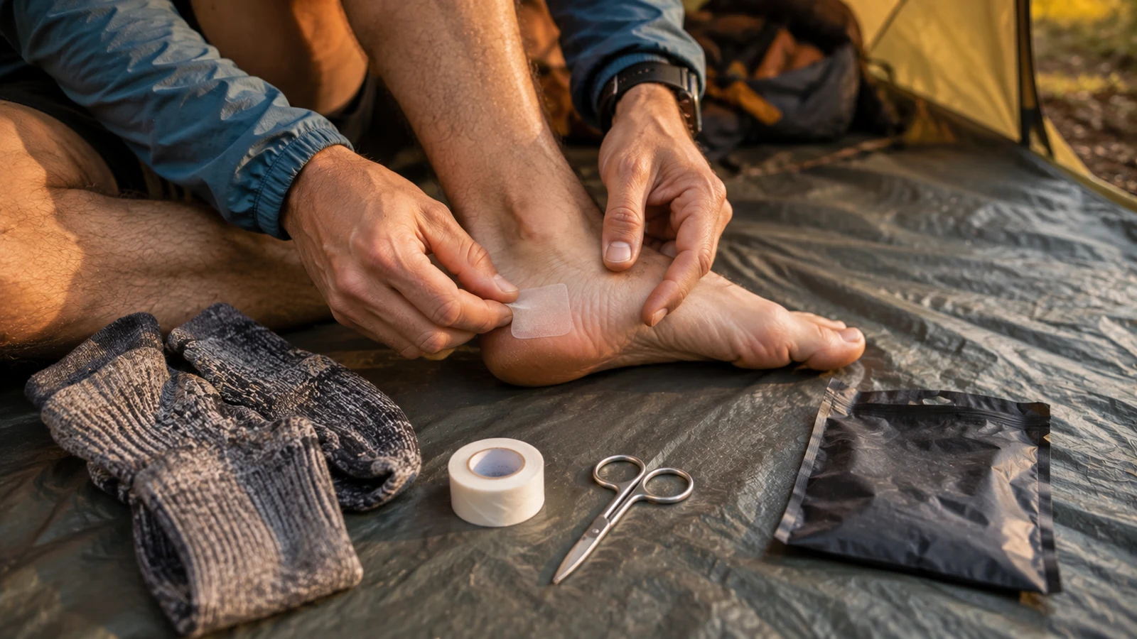 A backpacker applying a blister patch during preventative foot care at camp