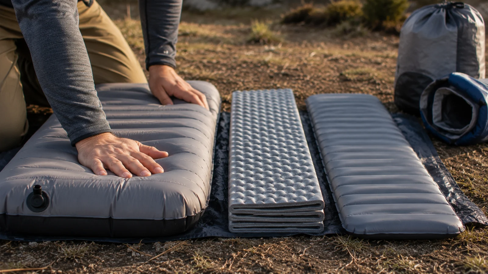 An inflatable pad, a folding foam pad, and a torso-length pad compared on the ground
