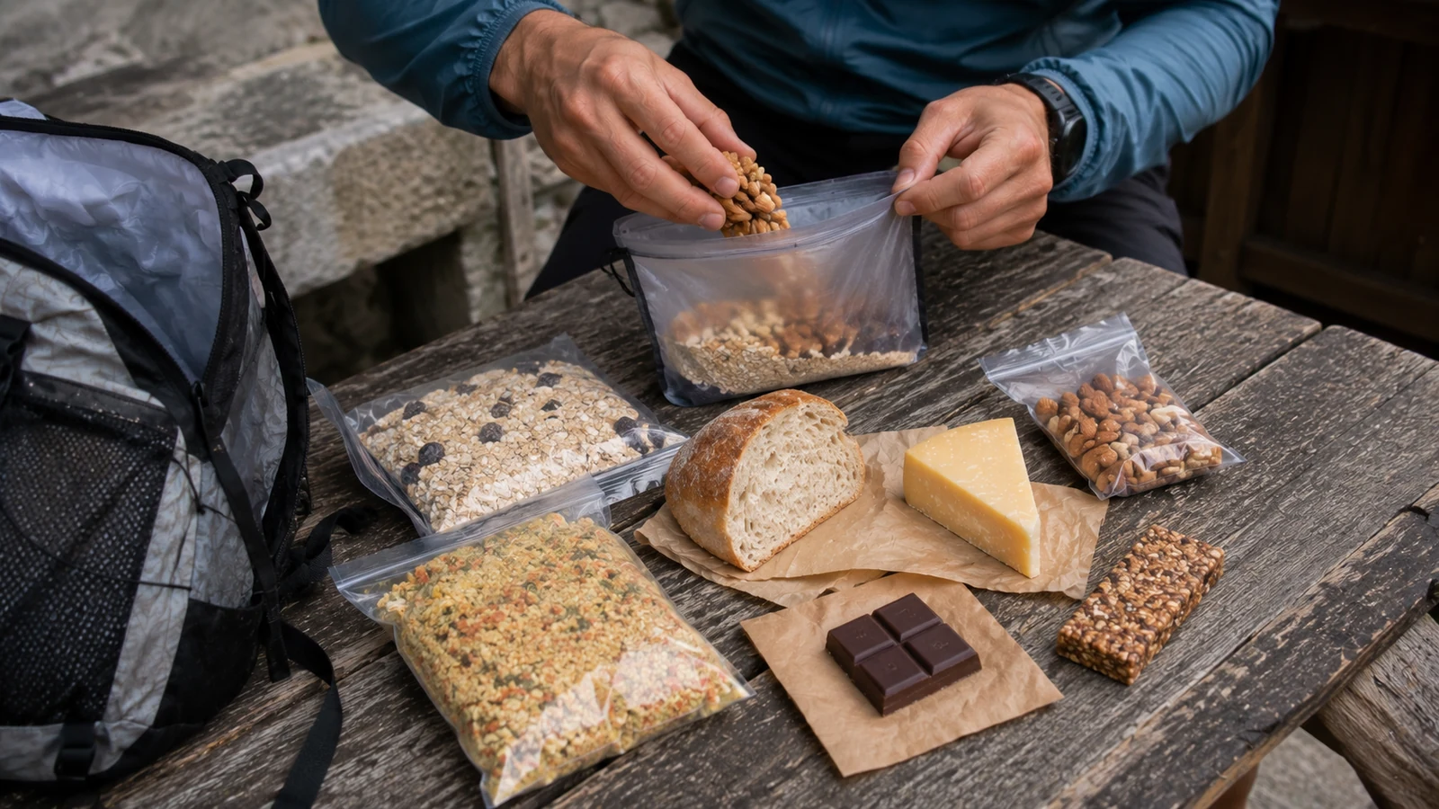 A realistic one-day European thru-hiking food ration arranged on a refuge table