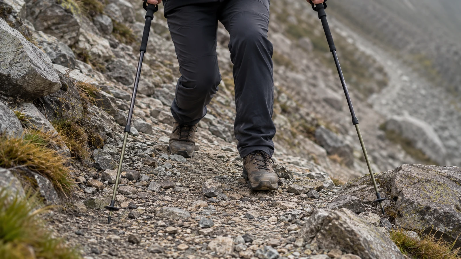 Lengthened trekking poles planted just ahead of a hiker's boots on a loose rocky descent