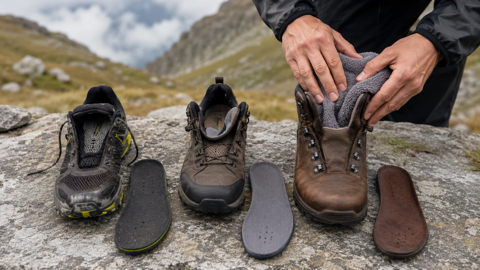 A mesh trail runner, a waterproof hiking shoe, and a leather boot opened side by side to dry