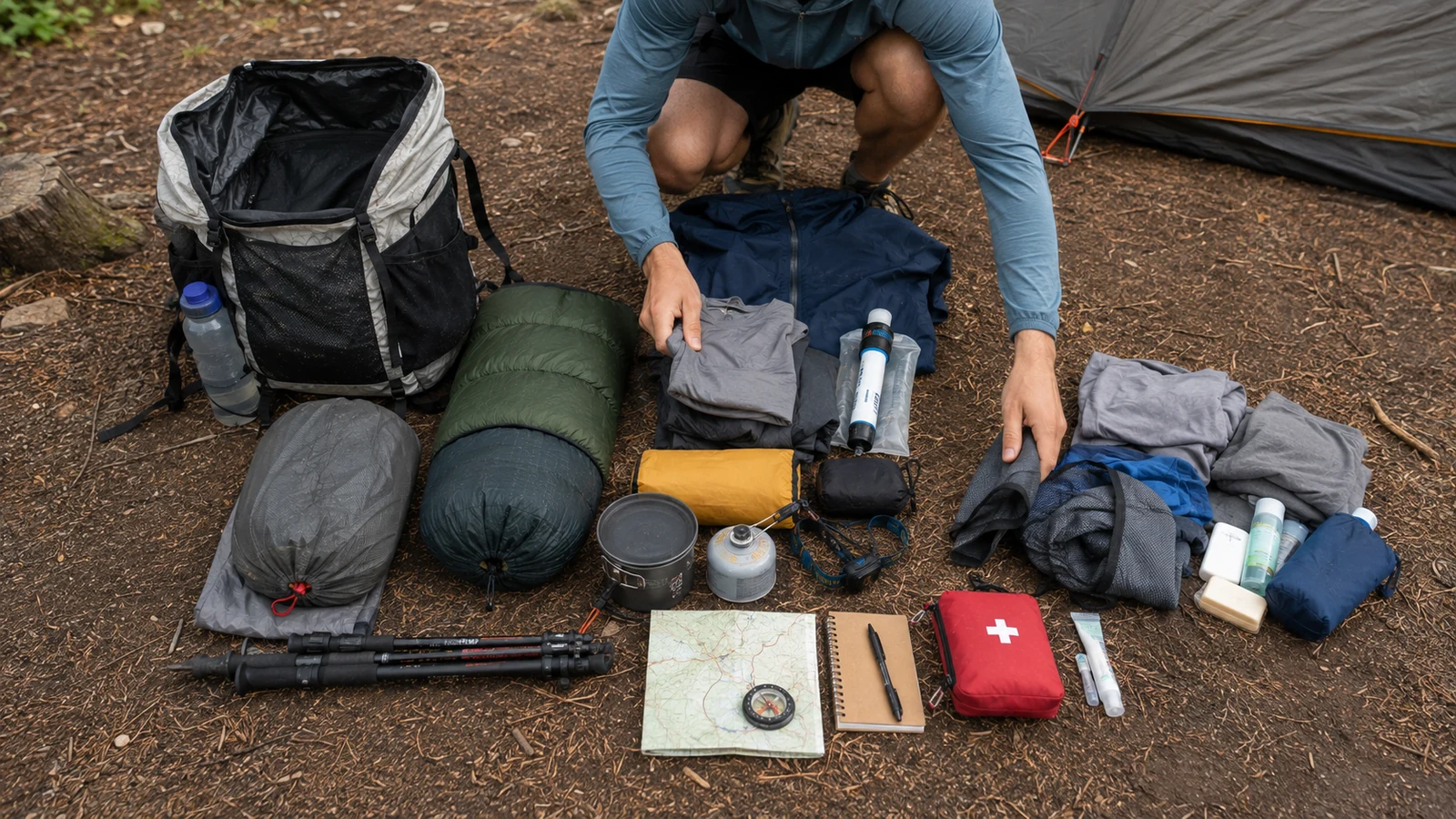 A beginner sorting essential gear from redundant items during a local shakedown
