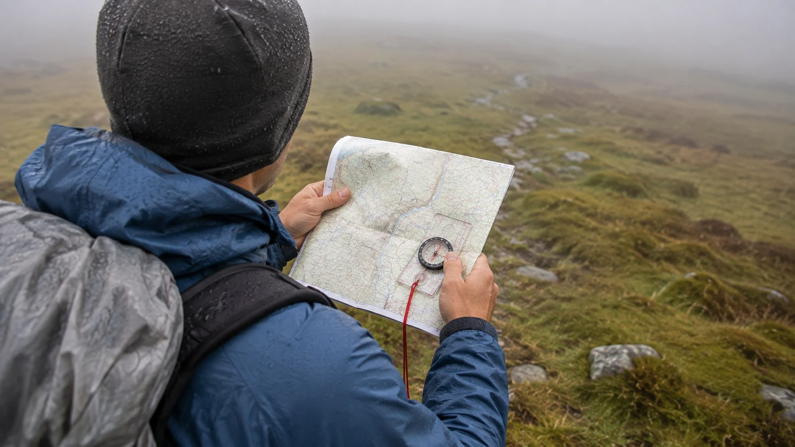 A backpacker aligning a map and compass while navigating through fog