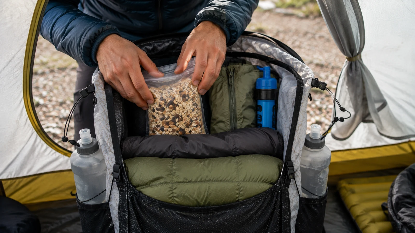 An open ultralight backpack being loaded in functional packing zones