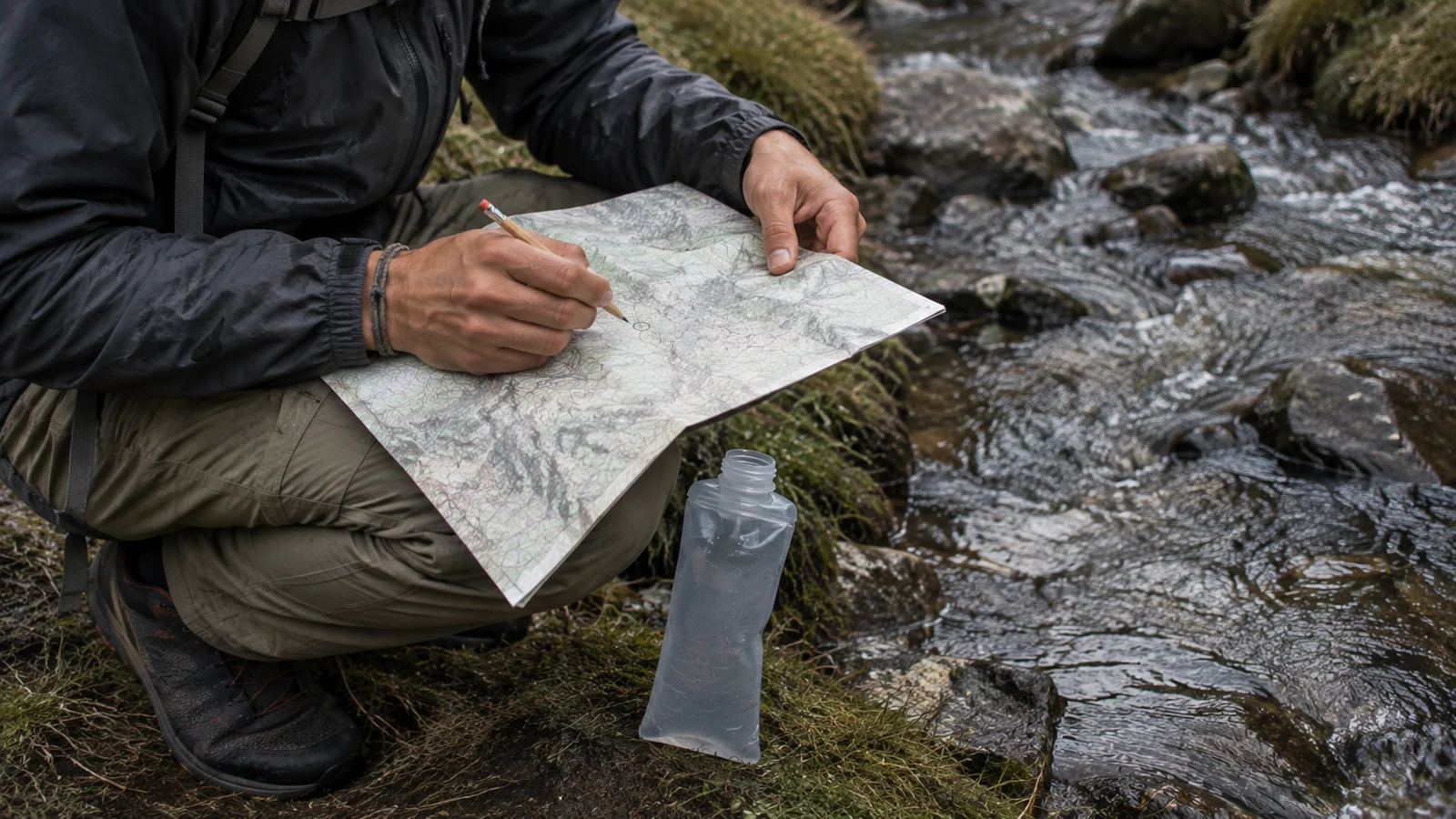 A hiker marking water sources and campsites on a map beside a mountain stream
