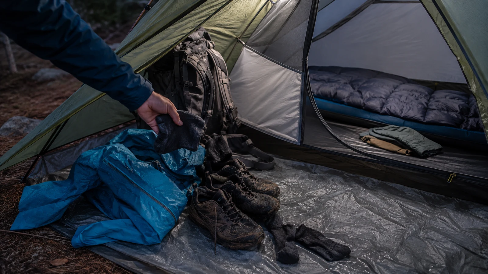 Wet rain gear and shoes staged in a tent vestibule, kept away from the dry inner and quilt