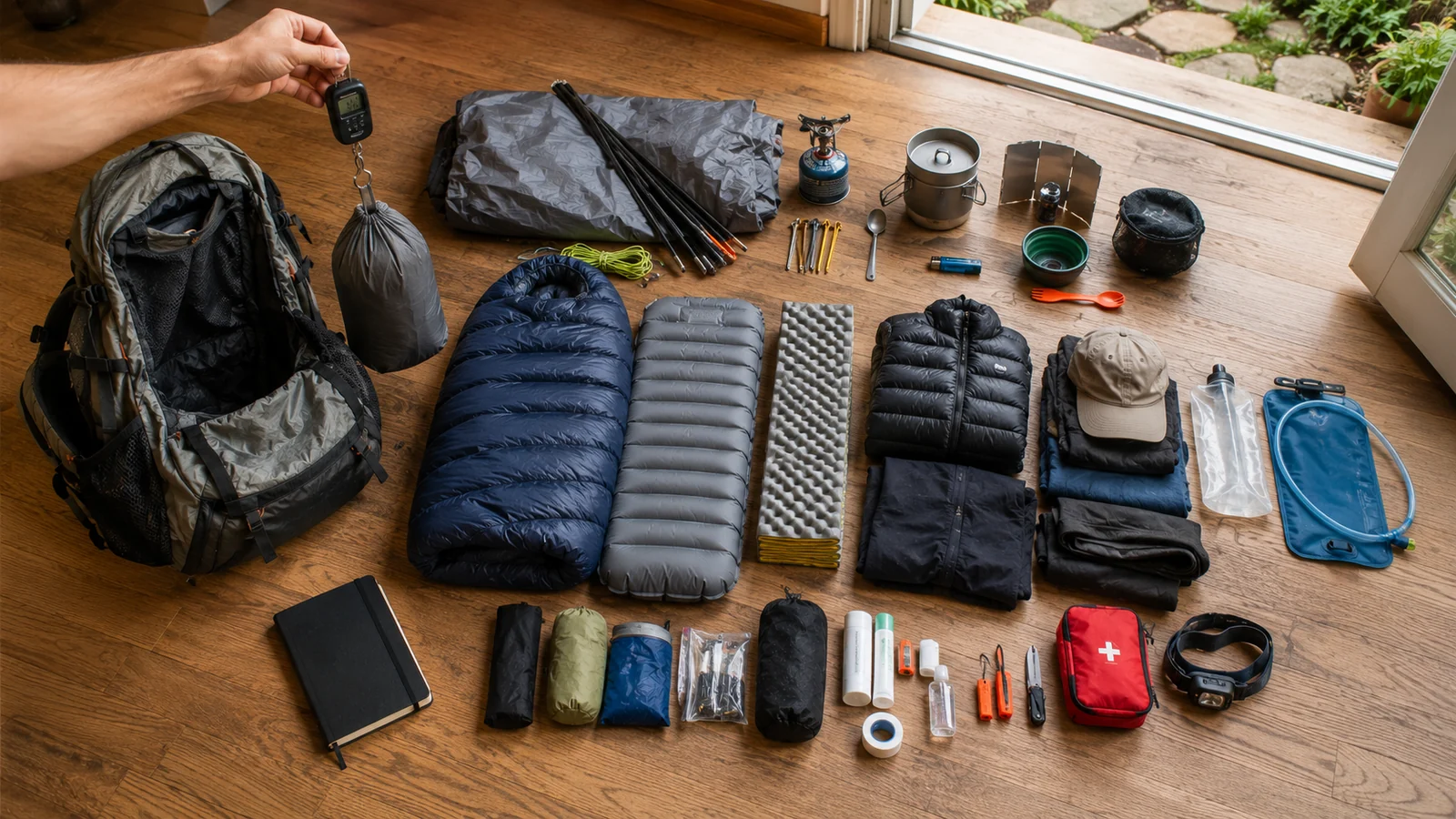 A full backpacking kit sorted into categories with a small scale during a pack audit