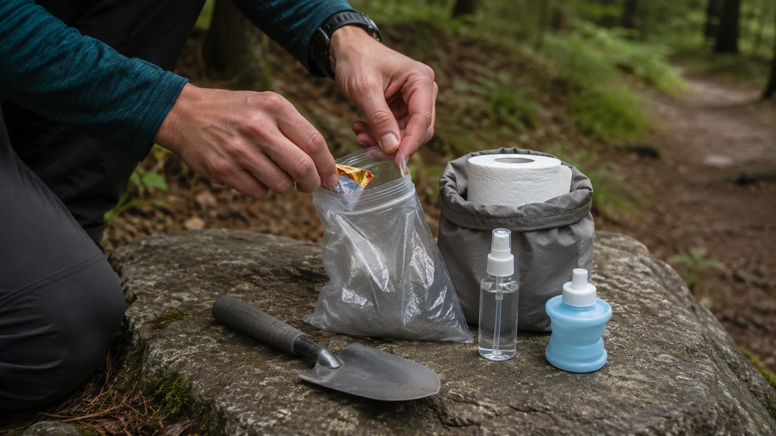 A responsible ultralight waste kit being checked beside a forest trail