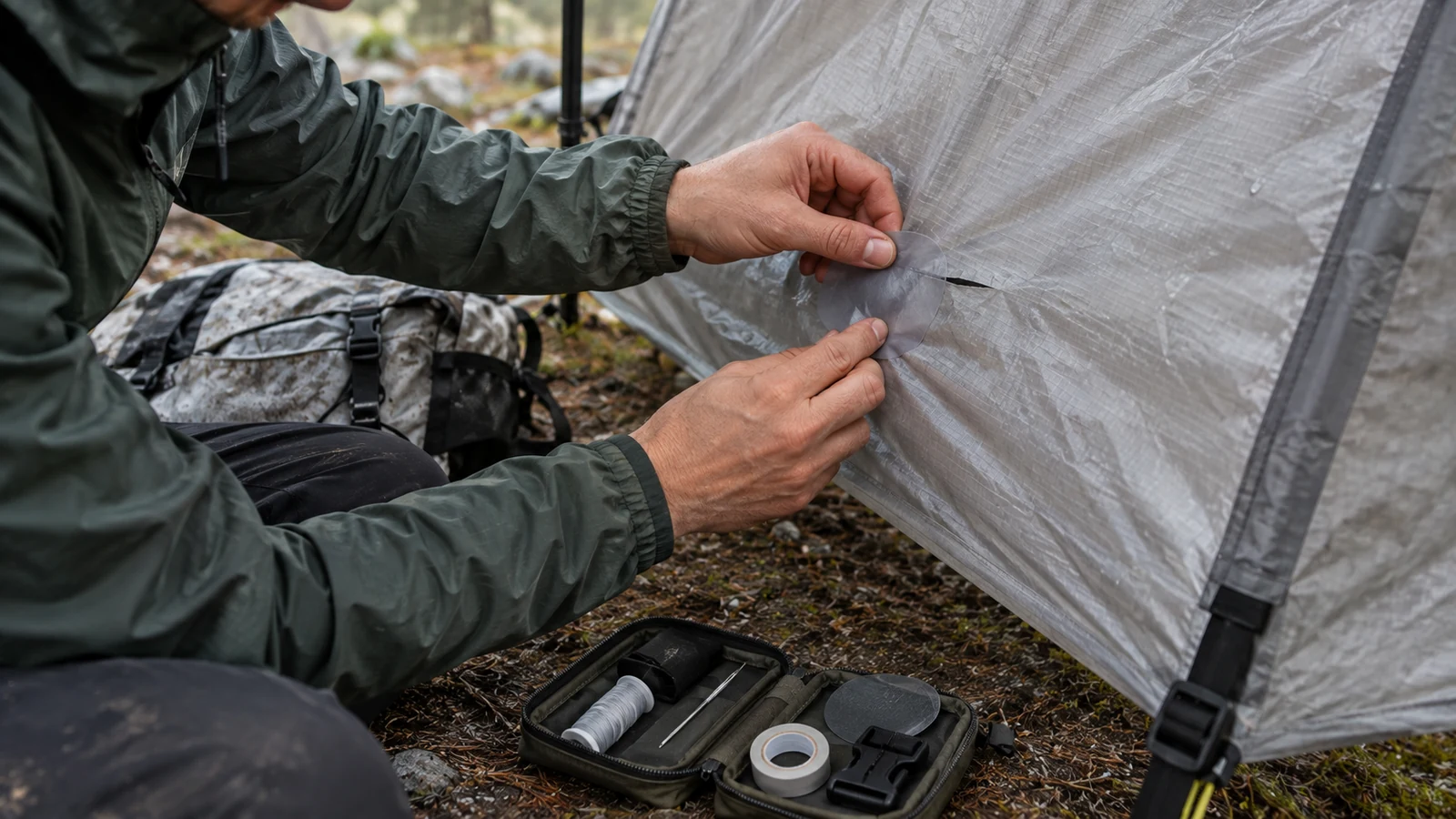 A backpacker applying a repair patch to shelter fabric beneath a trail shelter