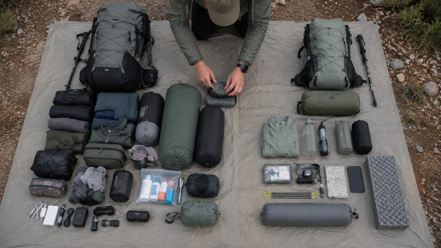 Overhead backpacking gear audit on a groundsheet showing bulky extras separated from compact essentials