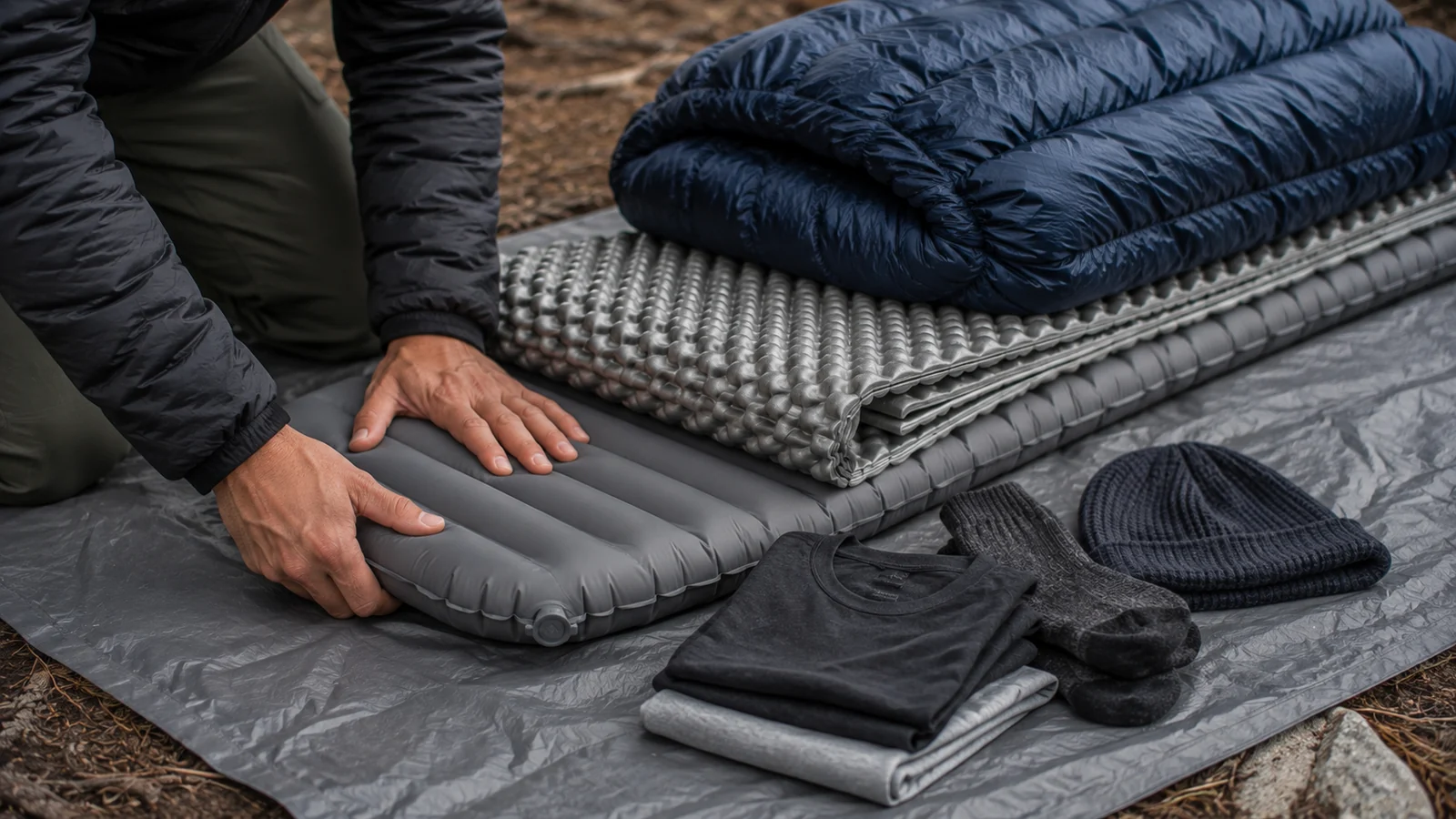 A sleeping bag, insulated pad, and dry sleep layers arranged as one warmth system