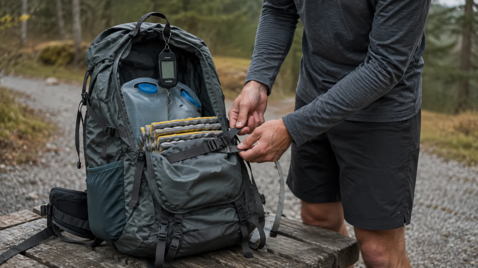 A backpacker adding weight to a training pack before a hill session