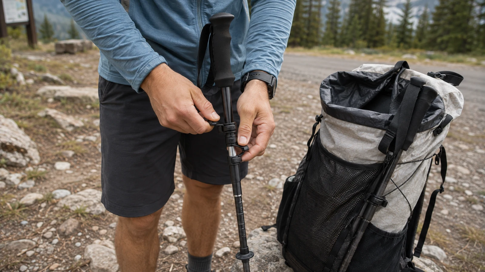 A hiker checking trekking-pole length and lever-lock fit at a trailhead