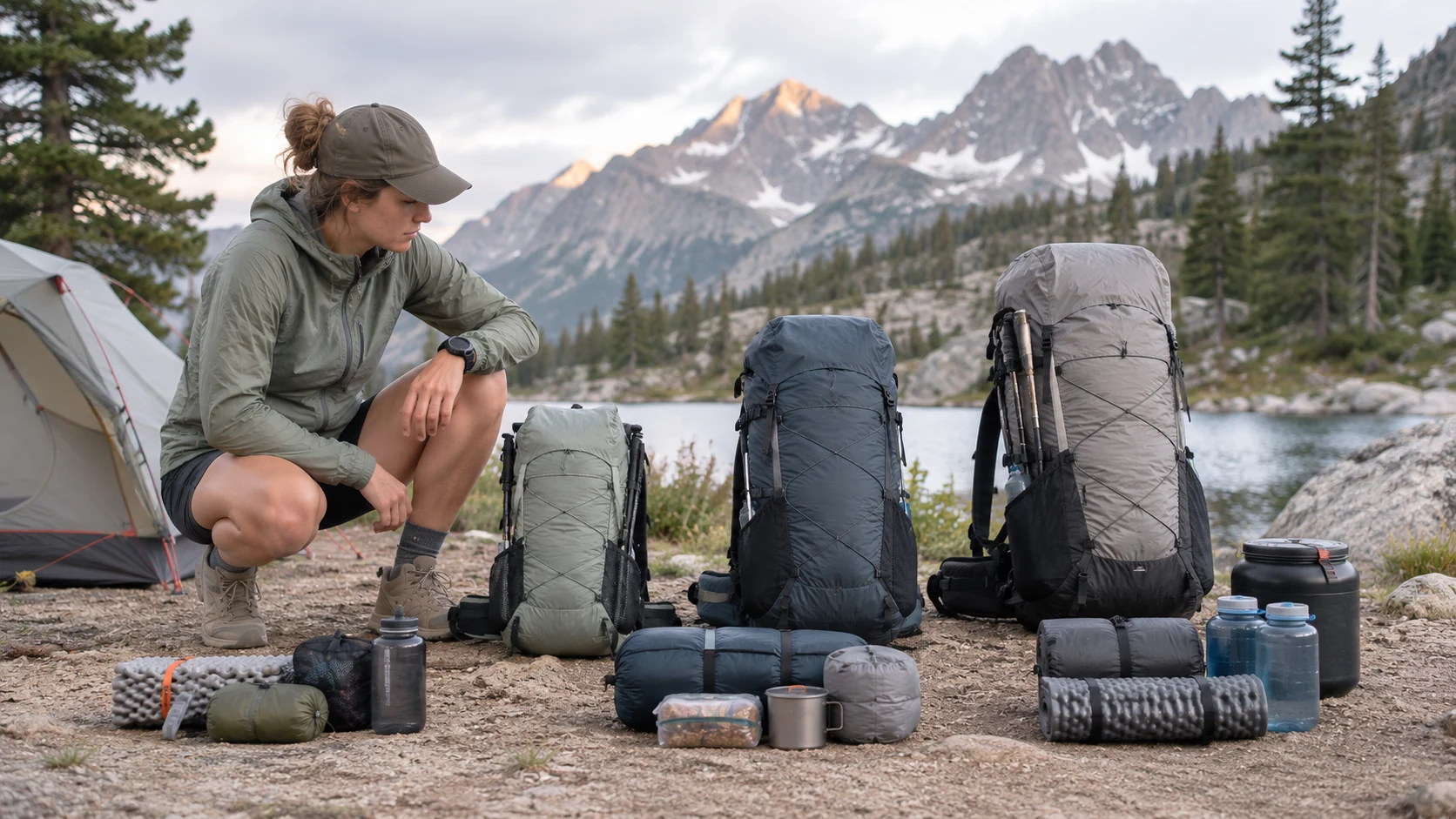 Ultralight backpack gear layout showing how 40L, 50L, and 60L capacities suit different trips