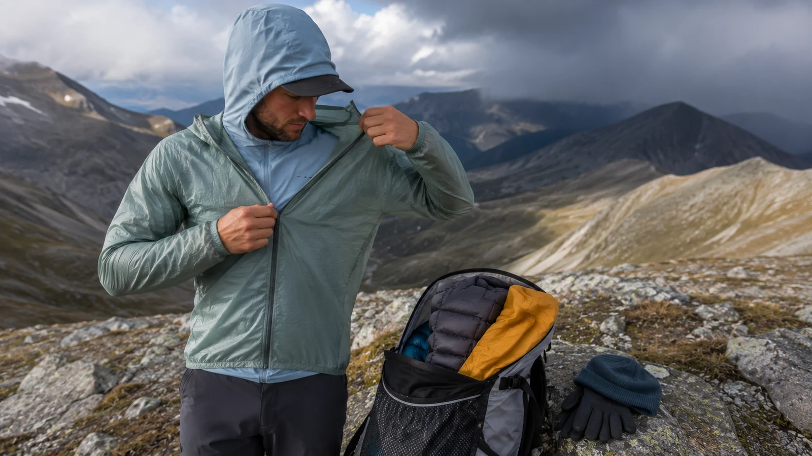 A backpacker adding a wind layer at a mountain pass during a weather shift