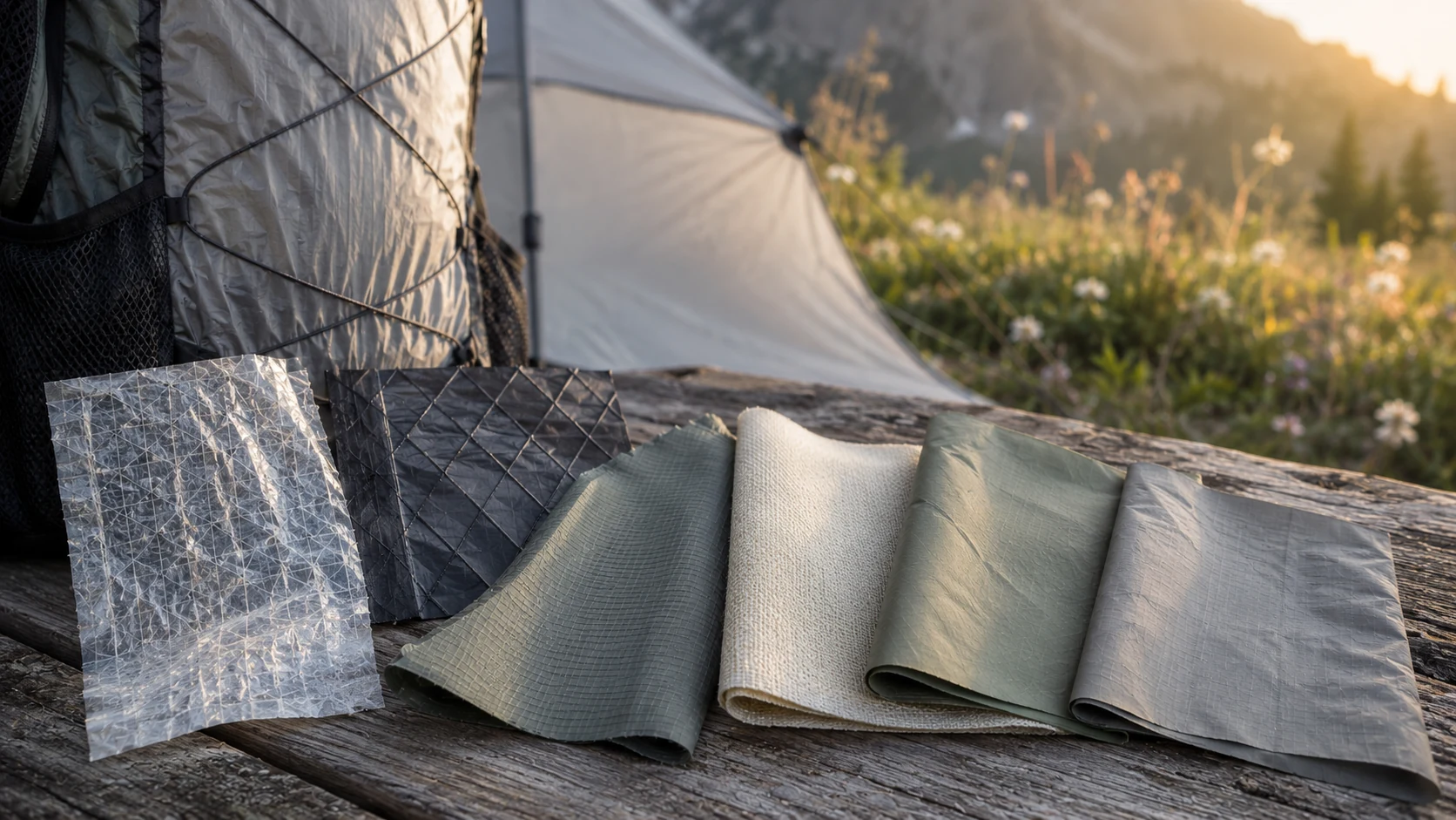 Close-up of ultralight gear materials including Dyneema, X-Pac, ripstop nylon, and Ultra showing weave and texture detail