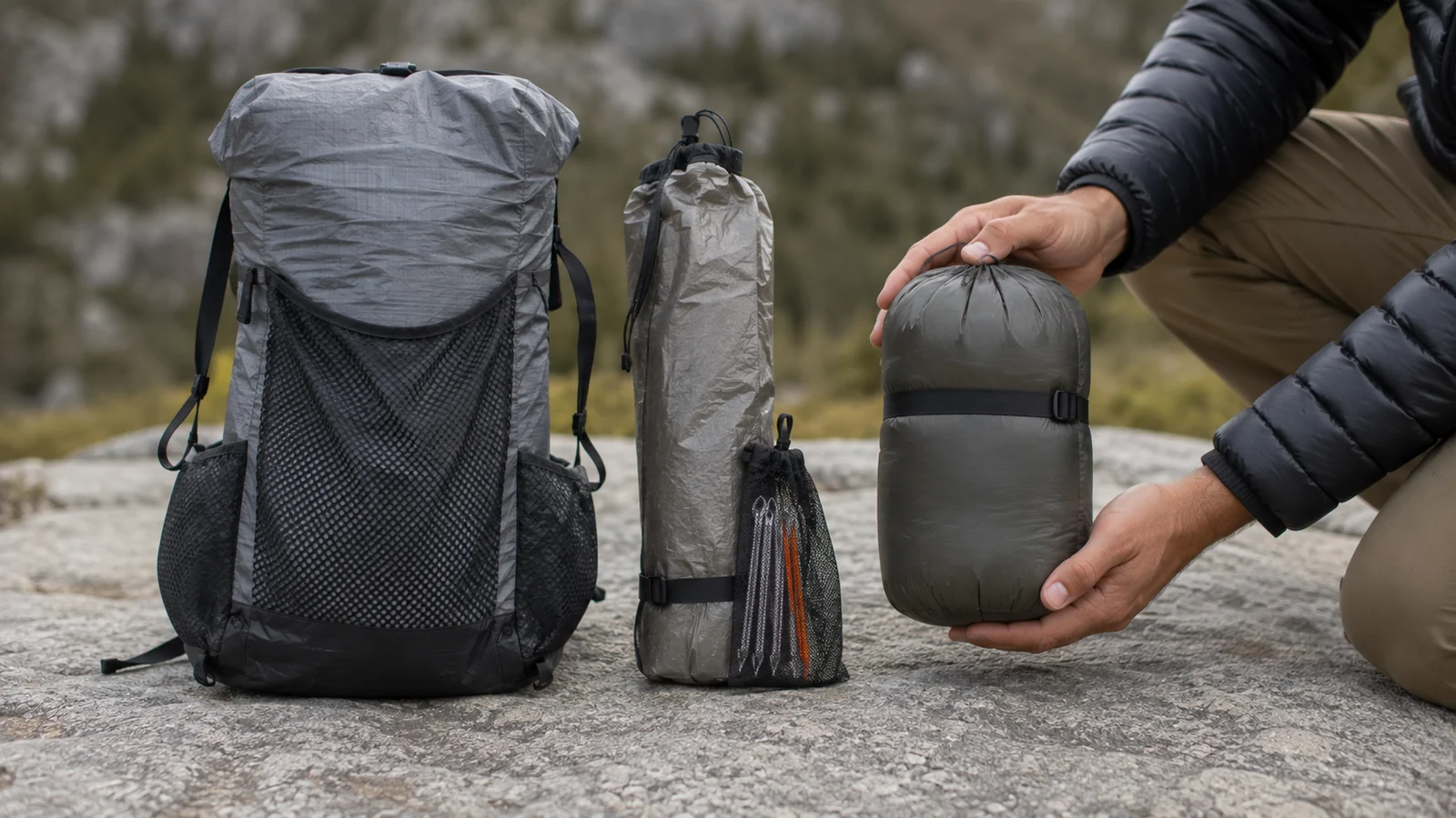 A pack, shelter, and quilt grouped together as the three heaviest kit categories