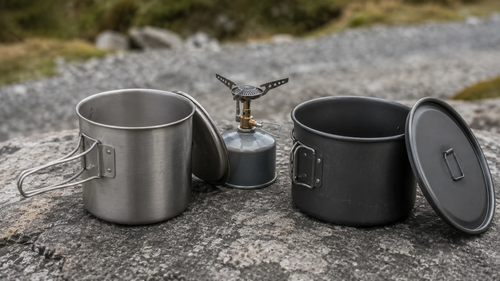 A titanium pot and a hard-anodized aluminum pot compared side by side on a rock