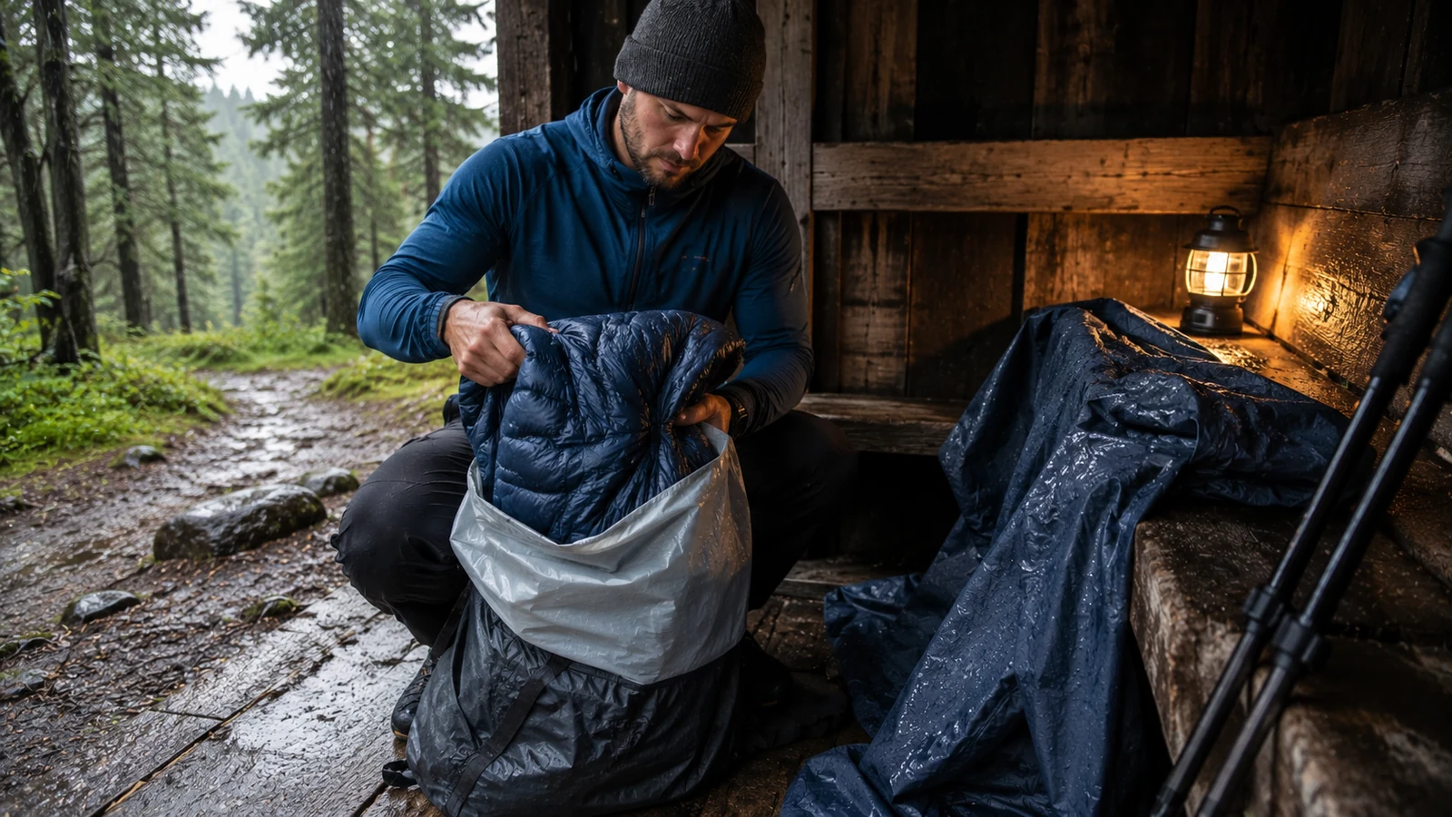 A backpacker changing from a damp shell into dry insulation beneath a trail shelter