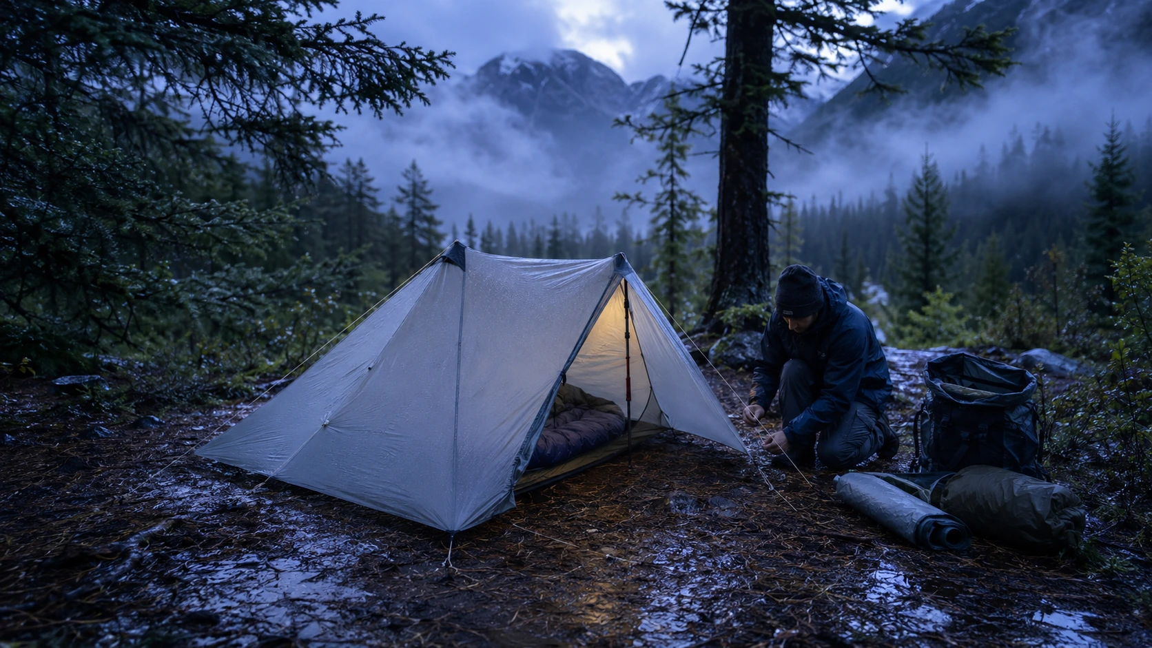 A backpacker staking out the guylines of a rain-soaked trekking-pole tent at dusk in a wet conifer forest, sleeping bag visible inside the lit shelter