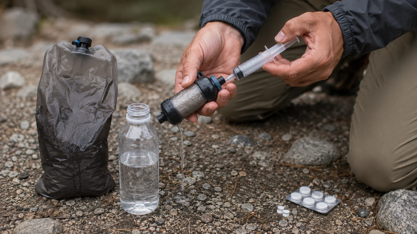 A hiker backflushing a squeeze filter and separating dirty and clean water bags